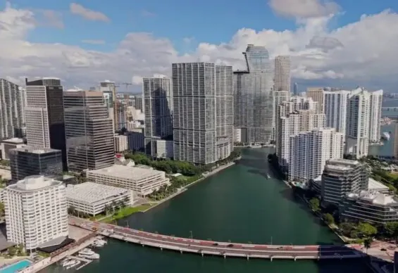 aerial view of Biscayne Bay in Miami with skyline in background