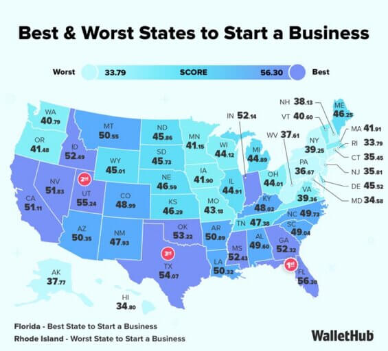 Map of best states to start business in U.S.
