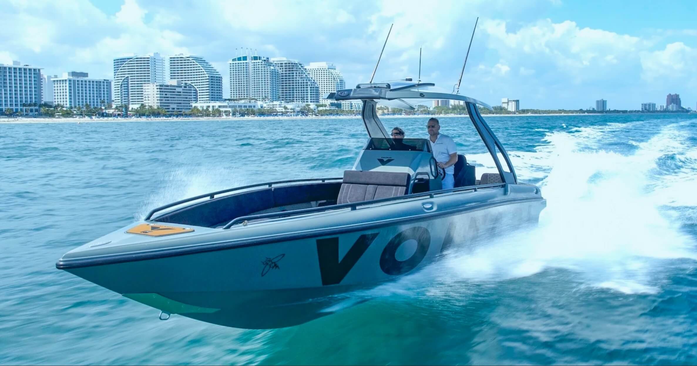 A Voltari Electric boat driving through the open ocean