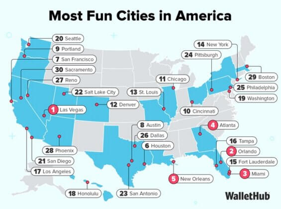 Map of WalletHub's most fun U.S. cities