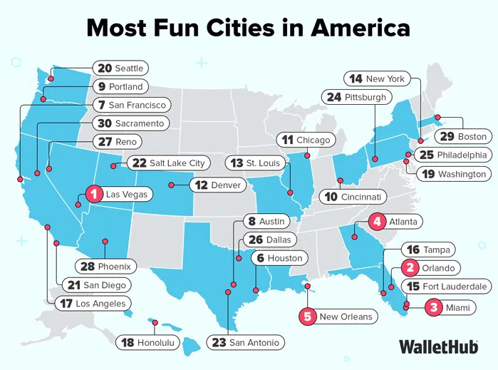 Map of WalletHub's most fun U.S. cities