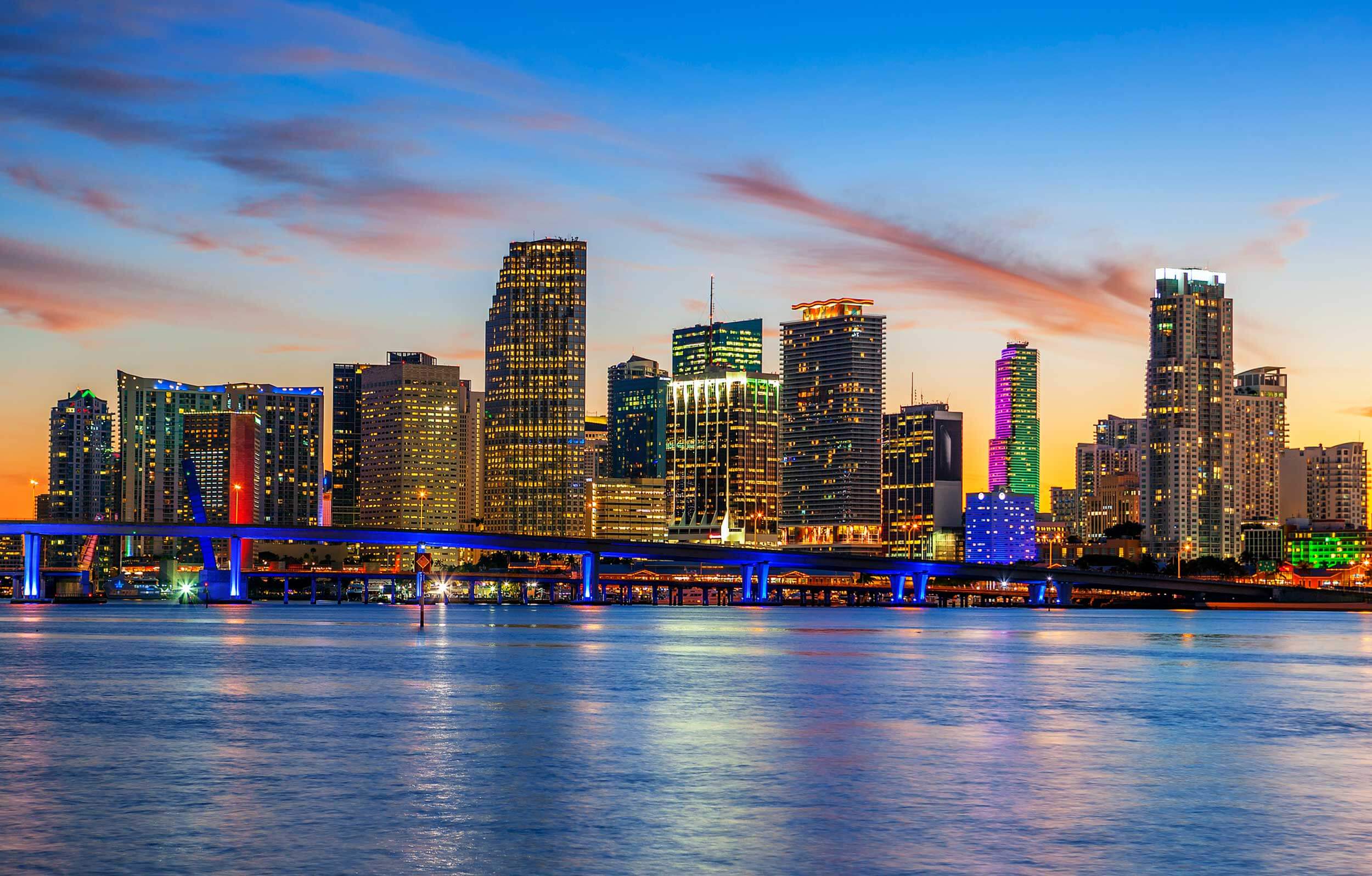 Skyline of downtown Miami at sunset