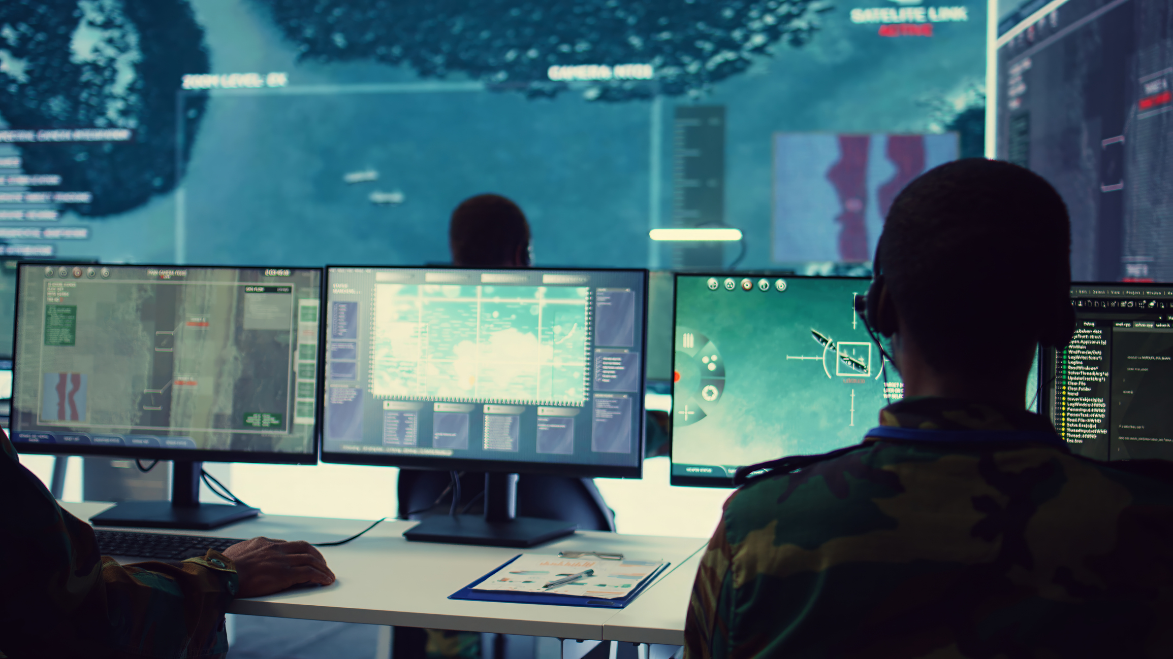Military personnel employ a satellite tracking system in a monitoring room.