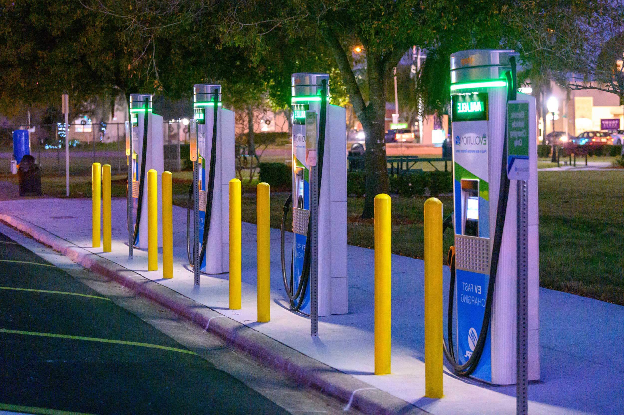 A row of electric vehicle charging stations